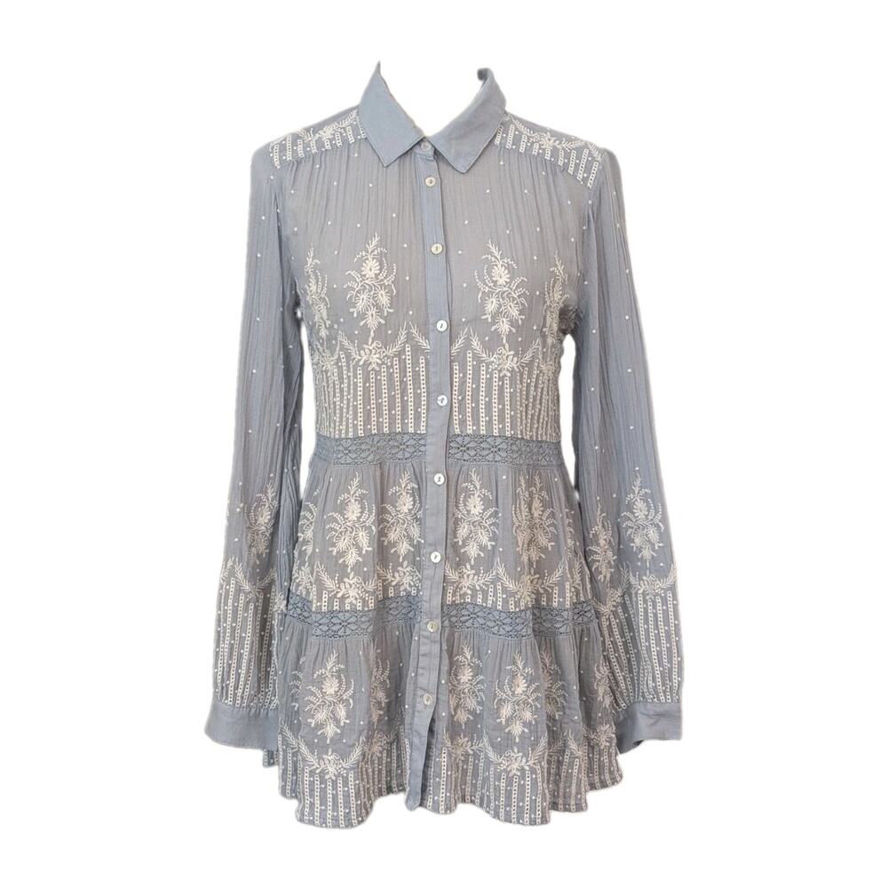 Sundance Long Tunic Top Light Blue Cotton Button Blouse Size XS Embroidered Lace